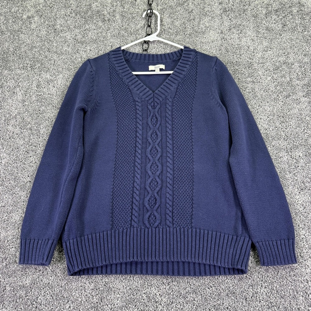 Bass Sweater Womens Large Blue Cable Knit V Neck Cotton Pullover Casual Cozy